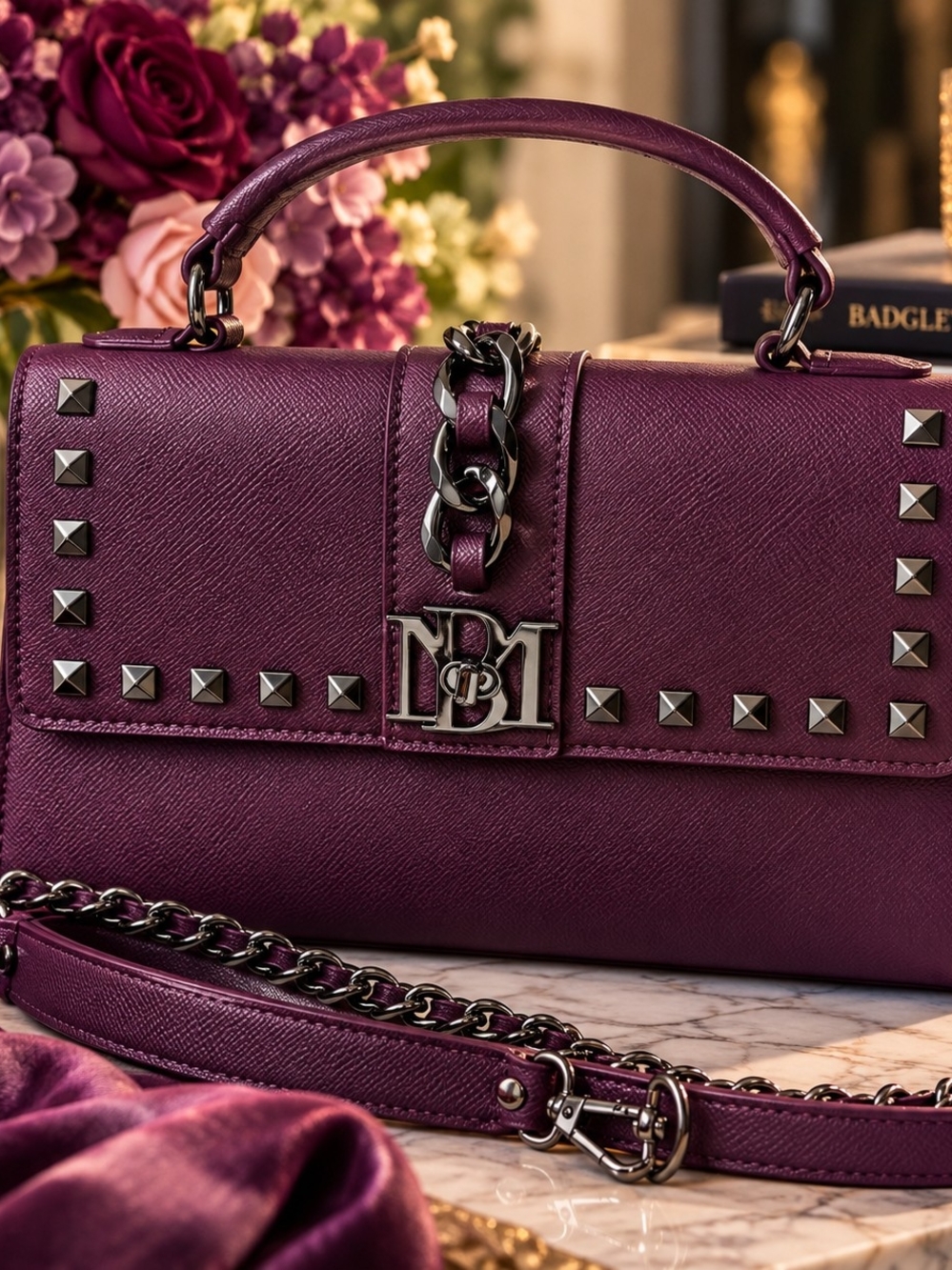 H-123 Badgley Mischka Plum Purple Studded Satchel Handbag w/ Crossbody Strap